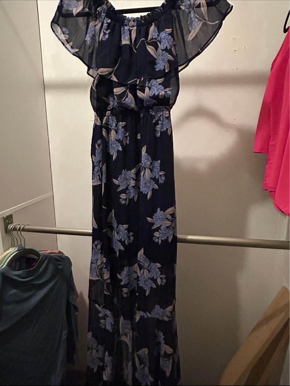 Women’s Navy Blue Floral Off-Shoulder Maxi Dress